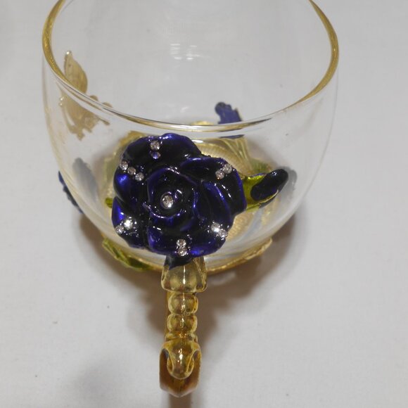 BEAUTIFUL GLASS ARC OF FRANCE DECORATIVE BUTTERFLY CUP MUG BLUE ROSE CLEAR STONE - Picture 3 of 9